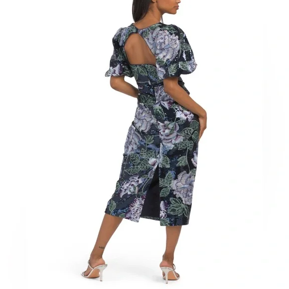 MARCHESA NOTTE NAVY FLORAL EMBROIDERED BUBBLE SEQUIN MIDI DRESS - Picture 7 of 8